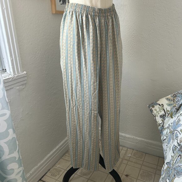 ALFRED SUNG Pants - Alfred Sung 100% Silk Cropped Pants Blue Tan and White Strip Tribal Design SZ 14
